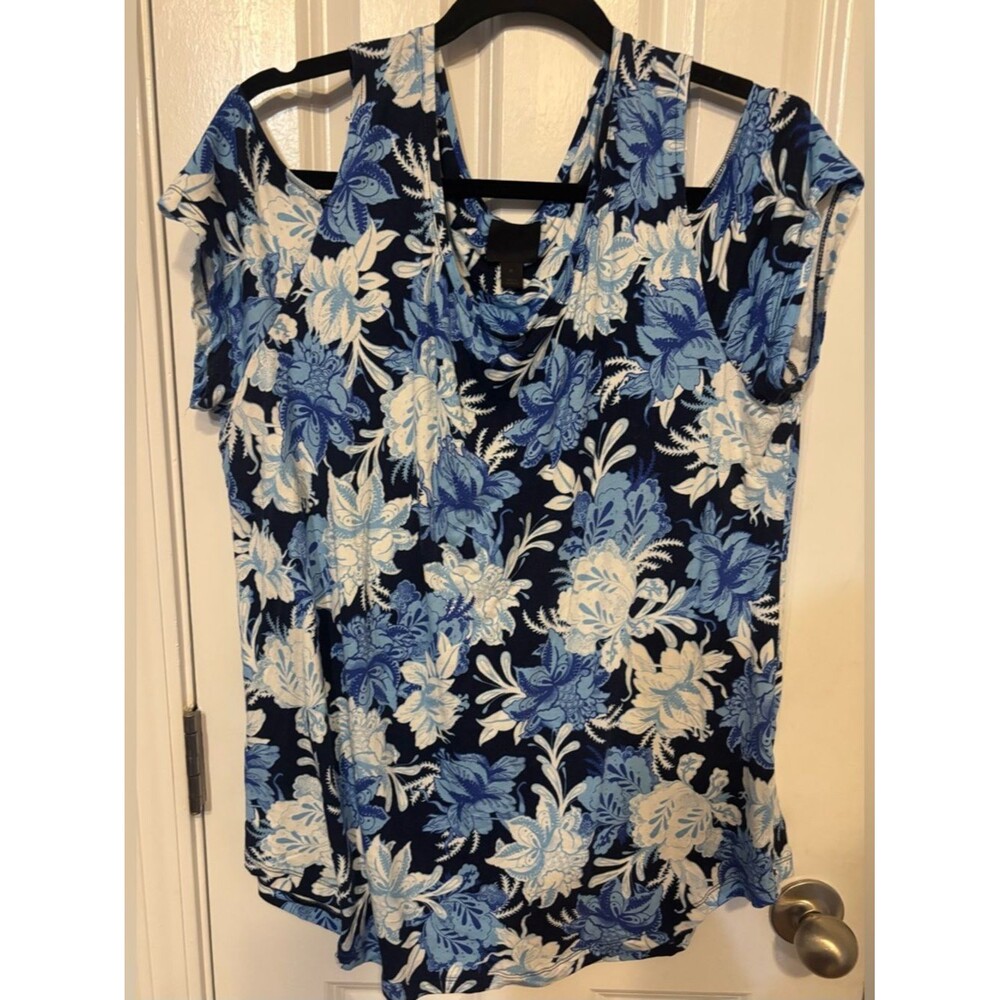 JM Collection Navy and Light Blue Floral Cold-Shoulder Top XL
